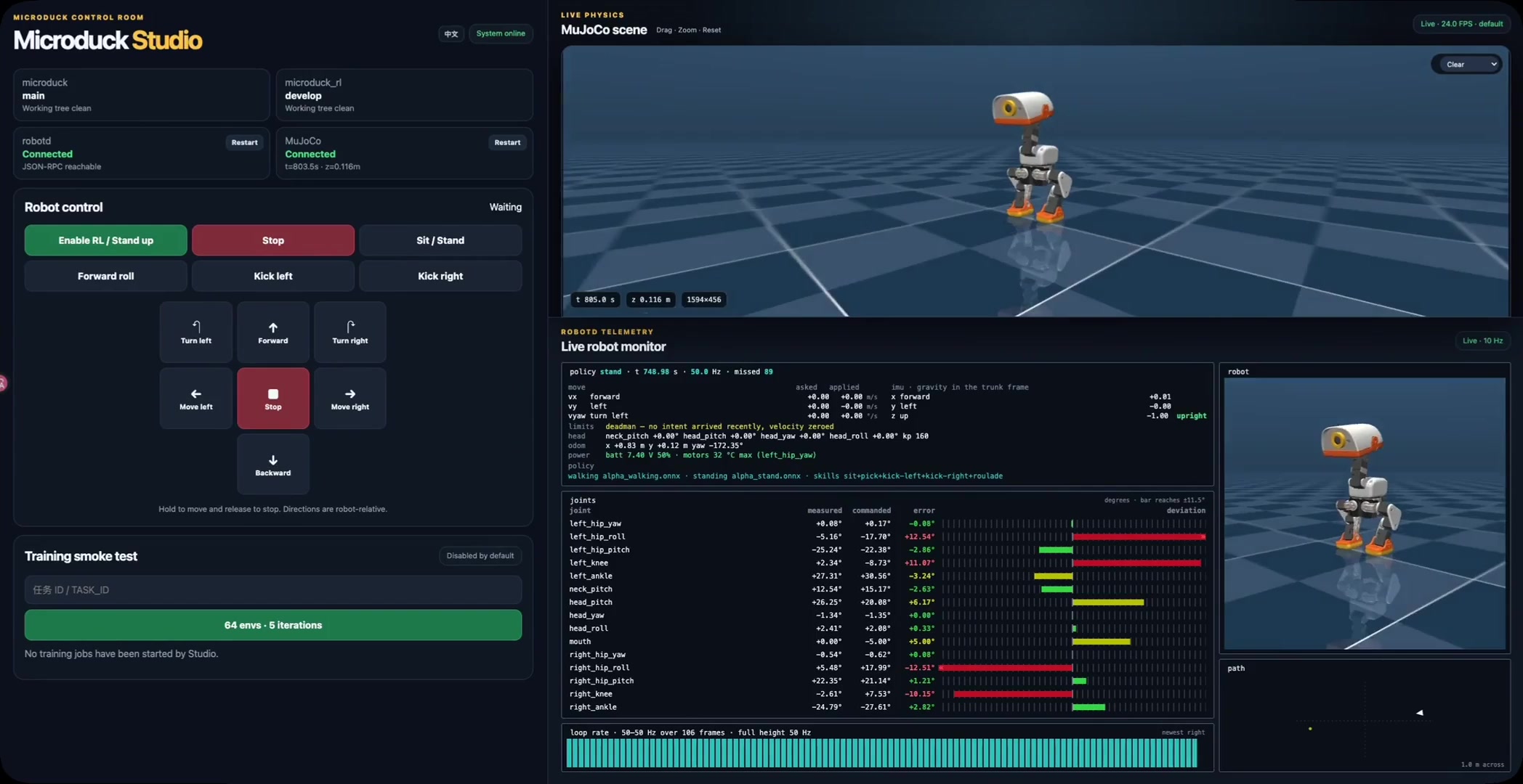 The Microduck robot in its simulation and control interface